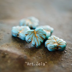 Feuilles érable bleu ciel bronze 13mm X4 Perles verre tchèque opaque
