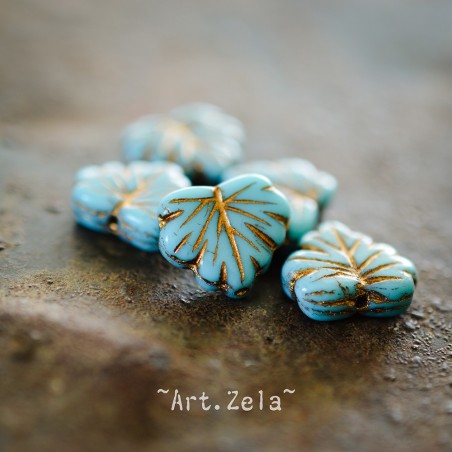 Feuilles érable bleu ciel bronze 13mm X4 Perles verre tchèque opaque
