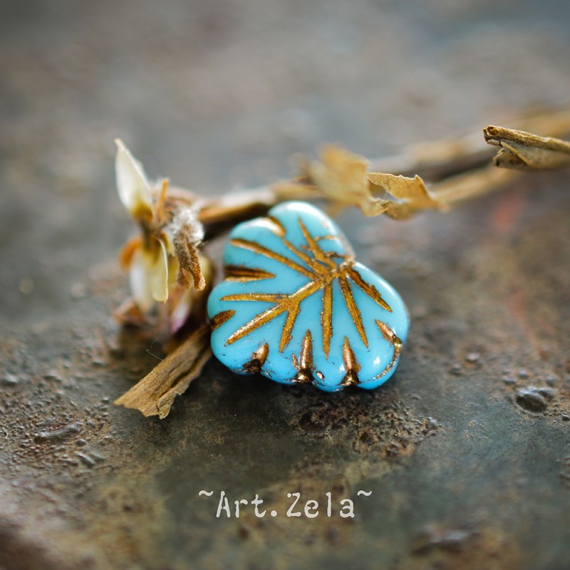 Feuilles érable bleu ciel bronze 13mm X4 Perles verre tchèque opaque