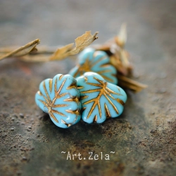 Feuilles érable bleu ciel bronze 13mm X4 Perles verre tchèque opaque