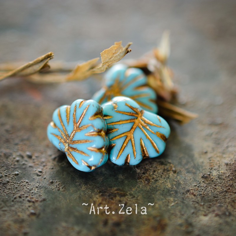 Feuilles érable bleu ciel bronze 13mm X4 Perles verre tchèque opaque