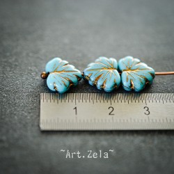 Feuilles érable bleu ciel bronze 13mm X4 Perles verre tchèque opaque