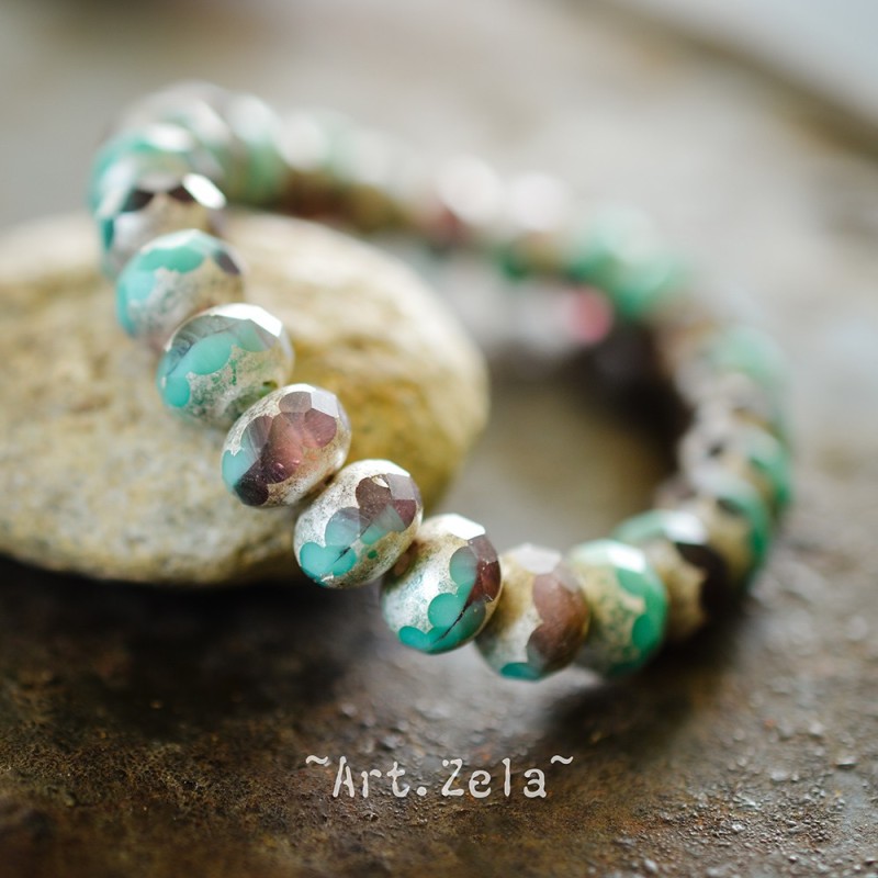 Rondelles turquoise prune  9x6mm X10 Perles verre tchèque poli au feu