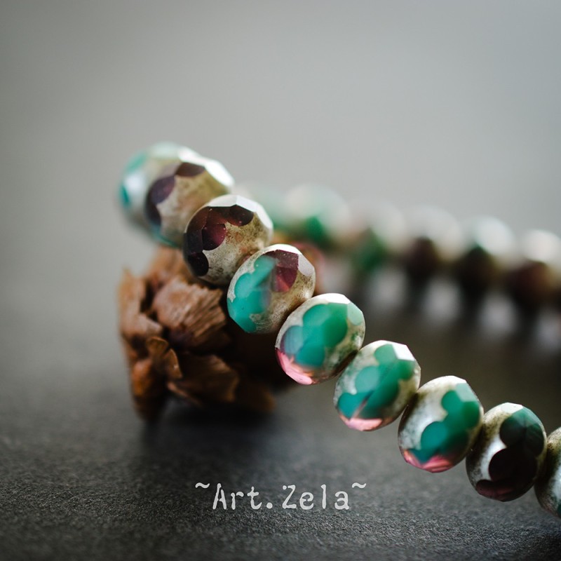 Rondelles turquoise prune  9x6mm X10 Perles verre tchèque poli au feu