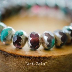 Rondelles turquoise prune  9x6mm X10 Perles verre tchèque poli au feu