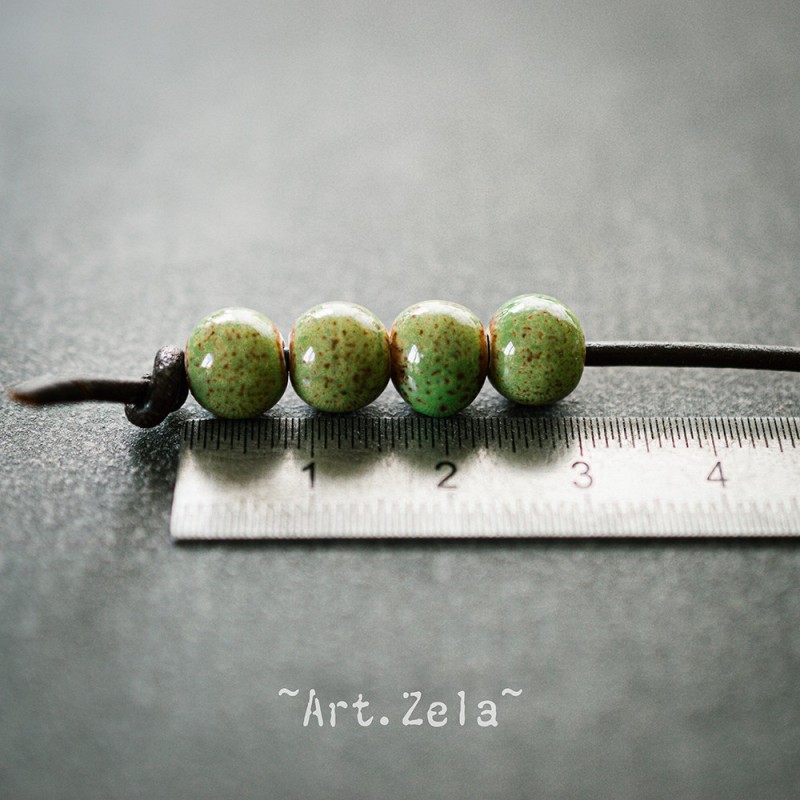 Perles céramique émaillée vert - brun 8mm X15 Perles artisanales