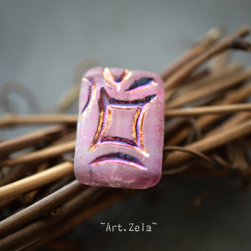 Perle rectangle rose 19mm X2 Perles verre tchèque mat irisé
