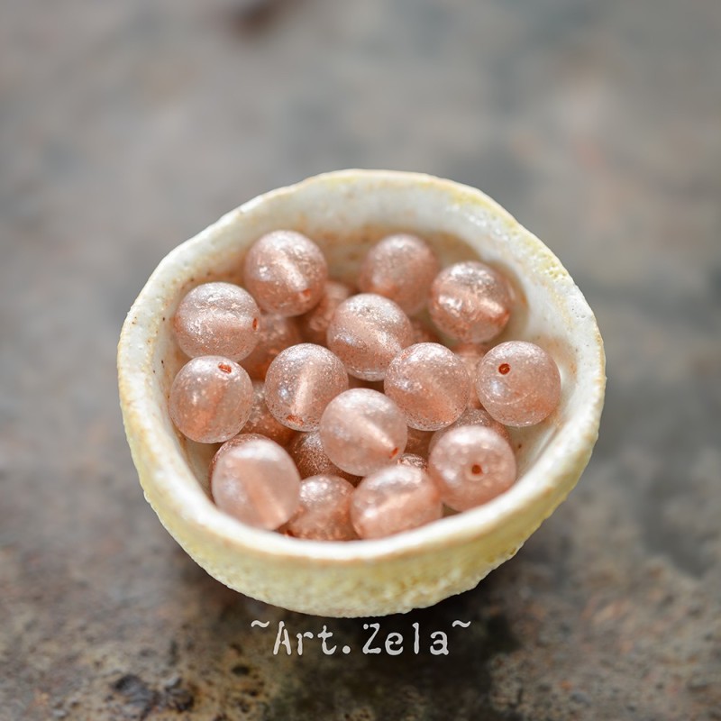 Perles rondes saumon pâle cuivré 8mm X15 Perles verre tchèque texturé