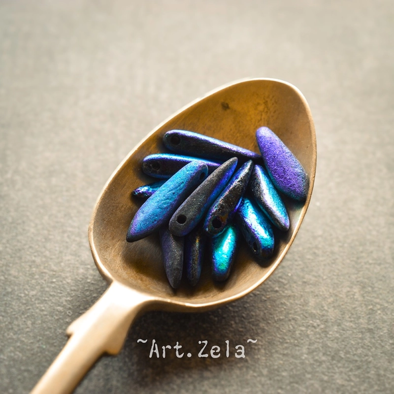 Daggers bleu violet noir AB 16x5mm X15 Perles verre tchèque texturé