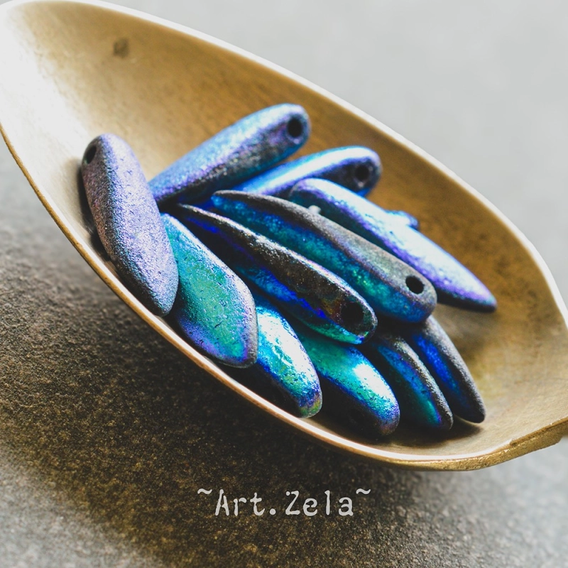 Daggers bleu violet noir AB 16x5mm X15 Perles verre tchèque texturé