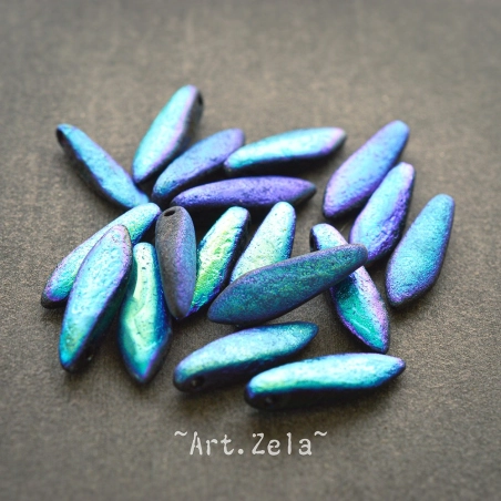 Daggers bleu violet noir AB 16x5mm X15 Perles verre tchèque texturé