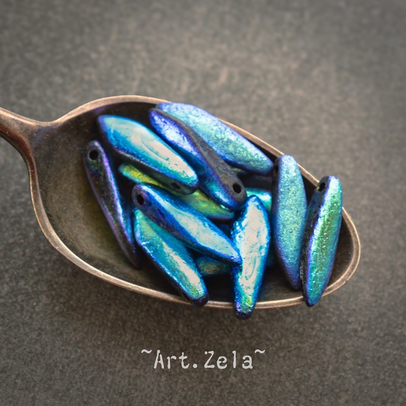 Daggers bleu violet noir AB 16x5mm X15 Perles verre tchèque texturé
