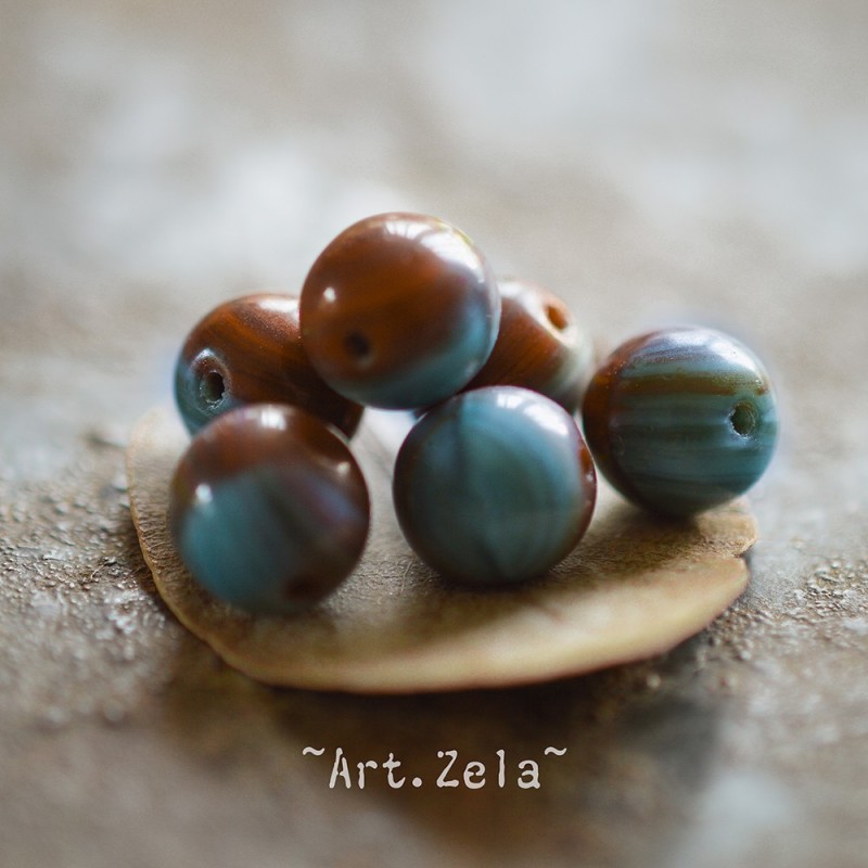 Perles rondes bicolores bleu rouge-brun 8mm X10 Perles verre tchèque lisse